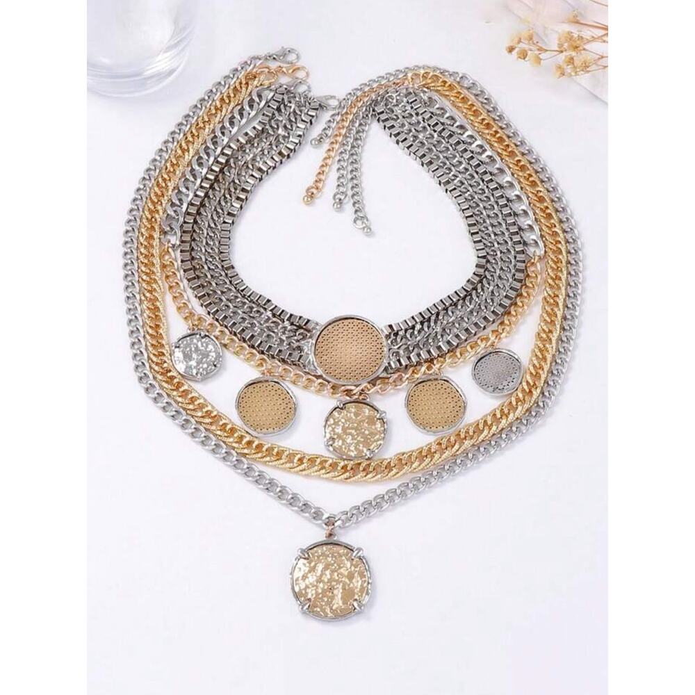 Stainless Steel Multilayer Coin Statement Necklace Old Money Layered Chain - Picture 5 of 11